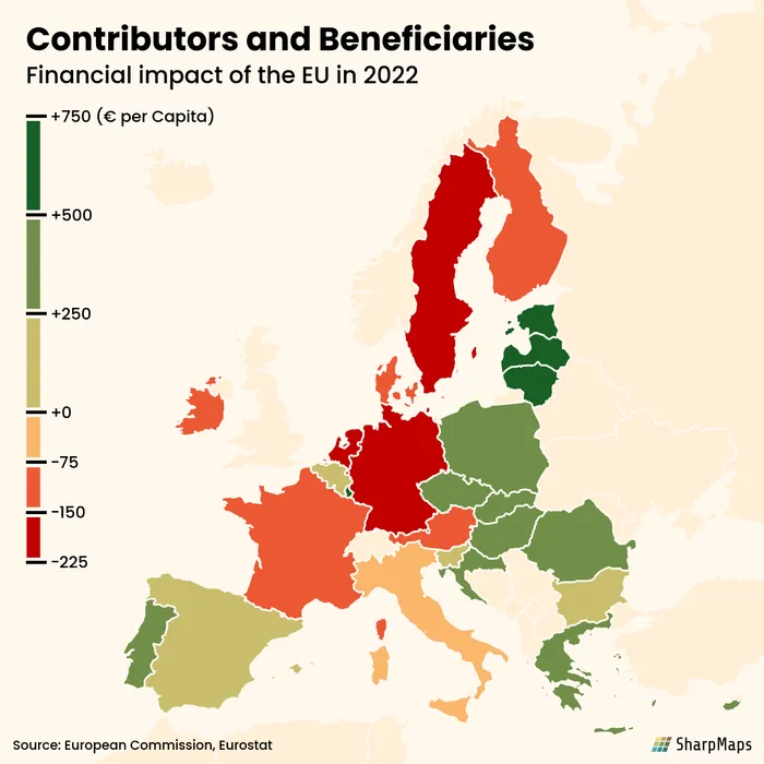 Visualizing how much the different member states benefit from, or contribute to the EU. The data is presented per capita to make it more tangible.