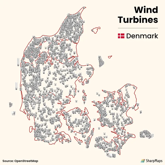 This map shows the location of all wind turbines in Denmark.